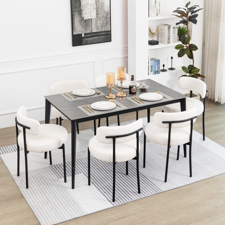 Modern Accent Chair Upholstered Dining Chairs Set Of 6 Short Plush Fabric Armless Dining Chair With Backrest Sherpa Chair For Dining Room